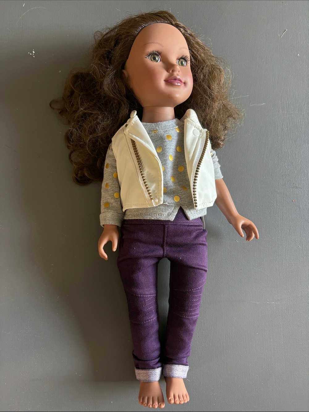 Journey Girls 18" Doll Brown Curly Hair Purple Pants Cream Vest Outfit